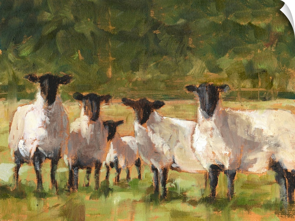 Contemporary painting of sheep in a field.