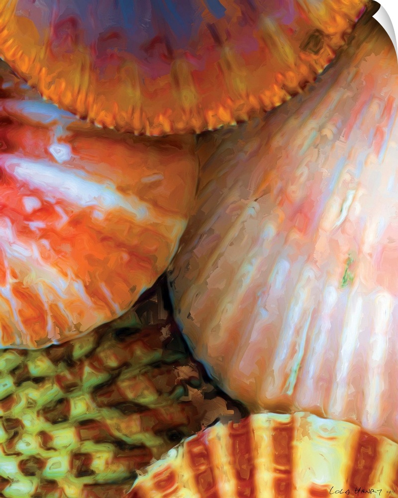 A contemporary painting of a close-up colorful seashells.