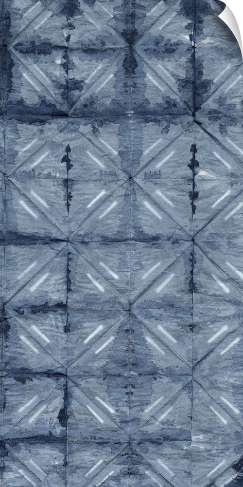 Contemporary distressed blue pattern using geometric and organic shapes.