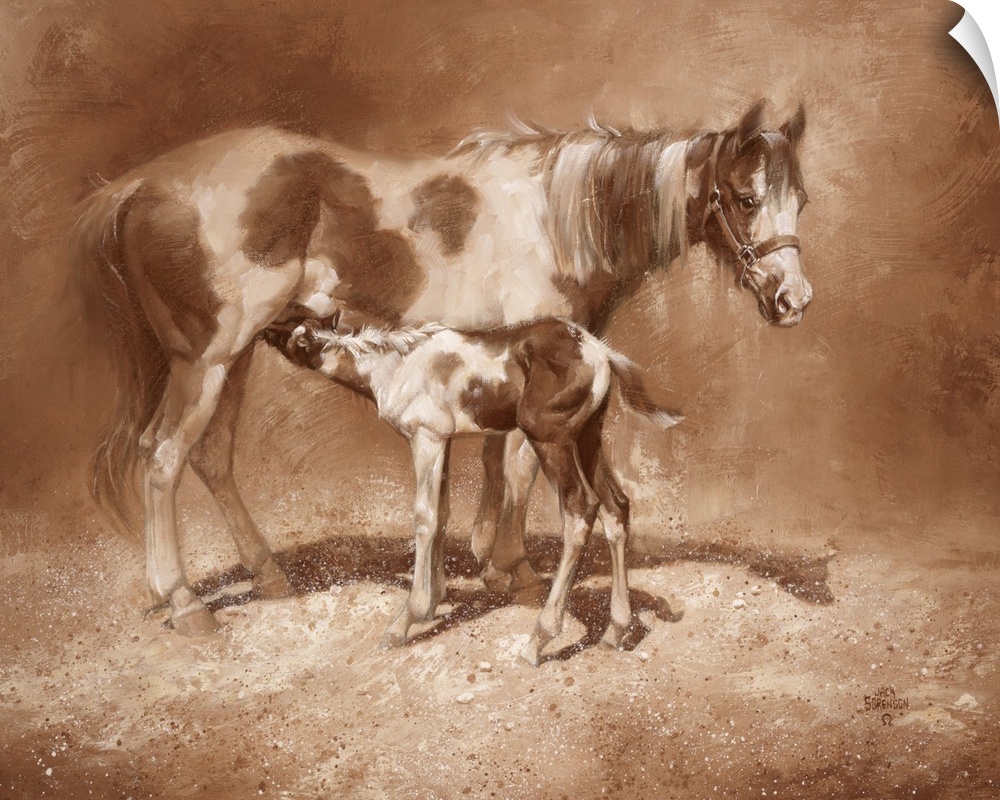 Energetic brush strokes and paint splatters create this brown toned artwork featuring a mother horse and her foal.