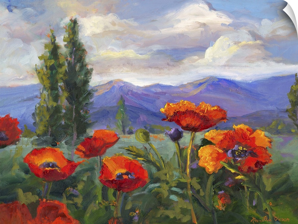 Contemporary painting of a group of wild California poppies near the Sierra Nevada mountains.