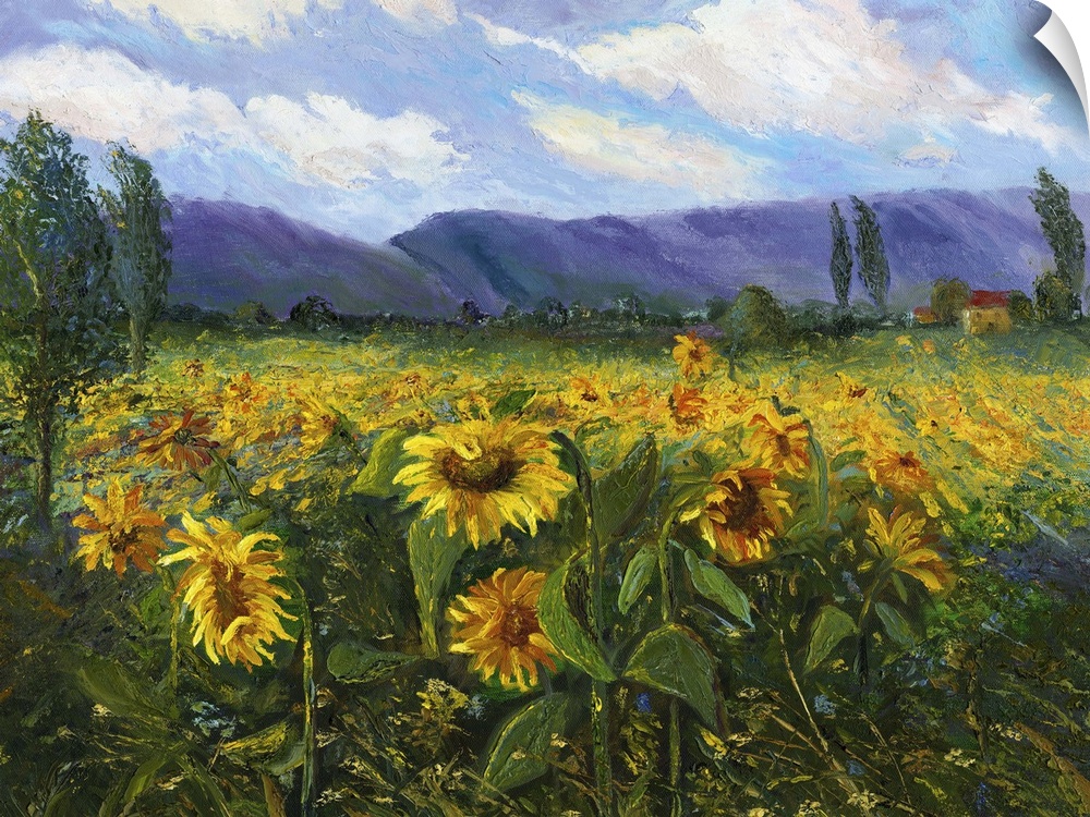 Contemporary painting of a field of wildflowers in a meadow in the Sierra Nevada valley.