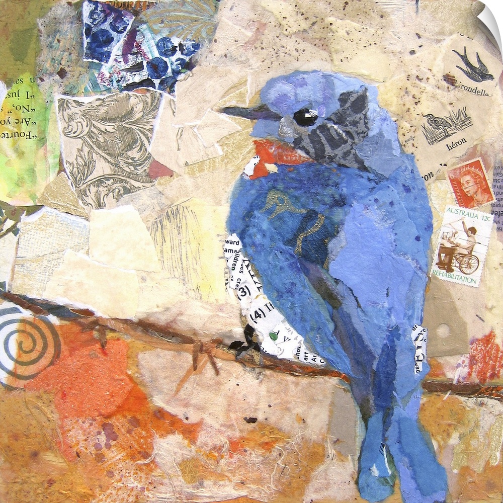 Creative collage of a blue bird perched on a branch with pieces with text and postage stamps.