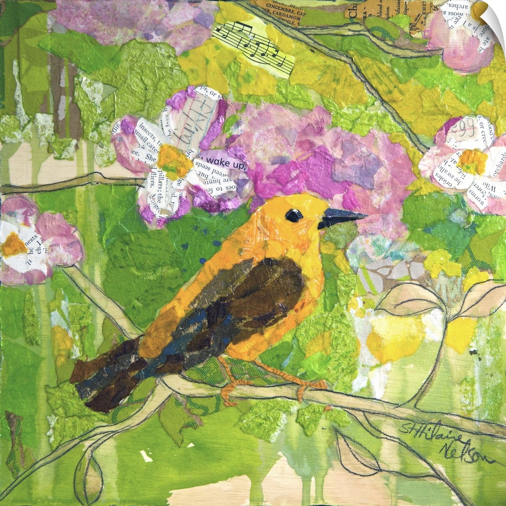 Creative collage of a yellow bird perched on a branch with pieces with text and sheet music.