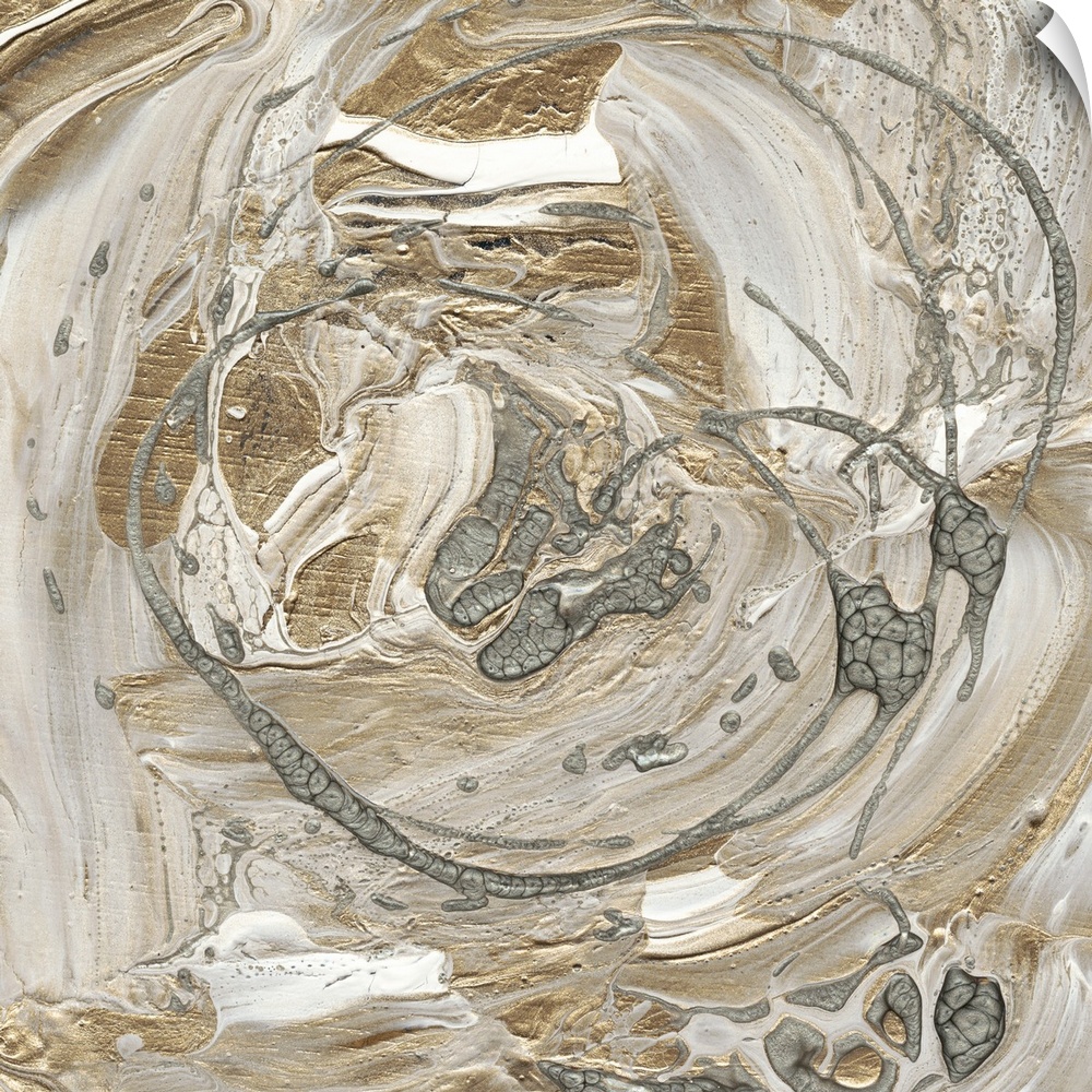 Abstract painting of swirls of white, gray and gold with drips of overlapping silver.