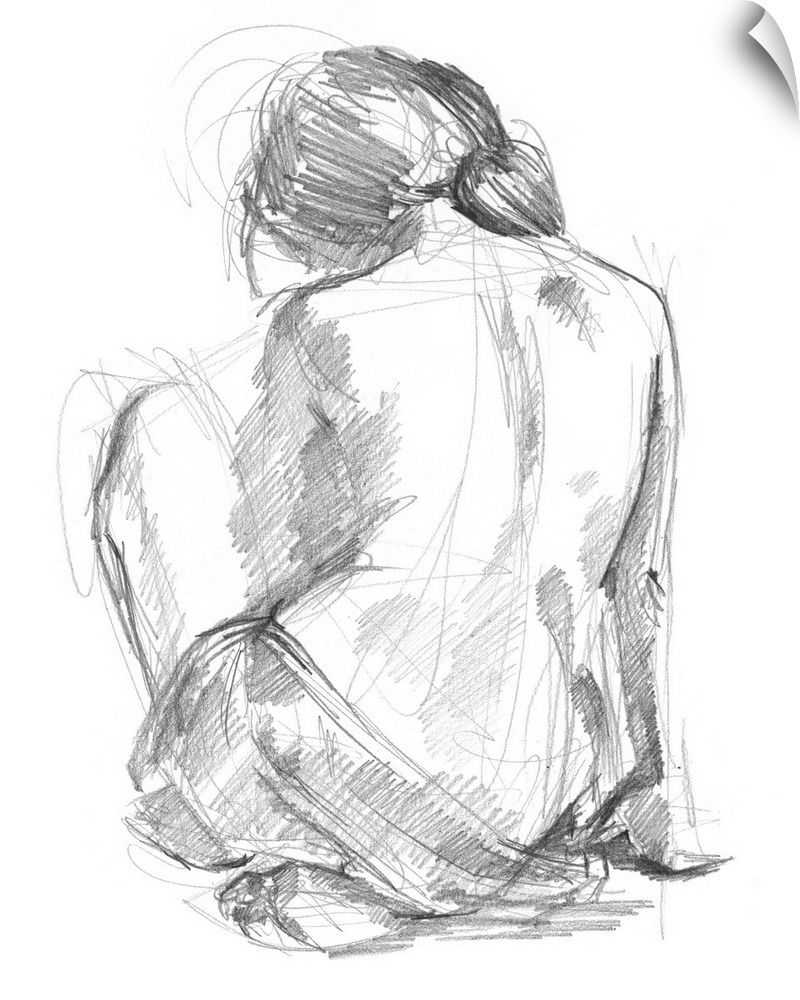 Drawing of the back of a nude woman looking downwards on a white background.
