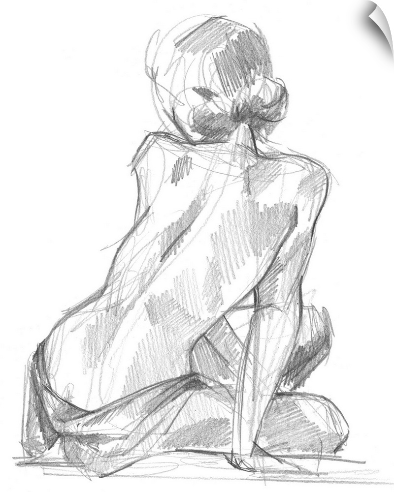 Drawing of the back of a nude woman looking over her shoulder on a white background.