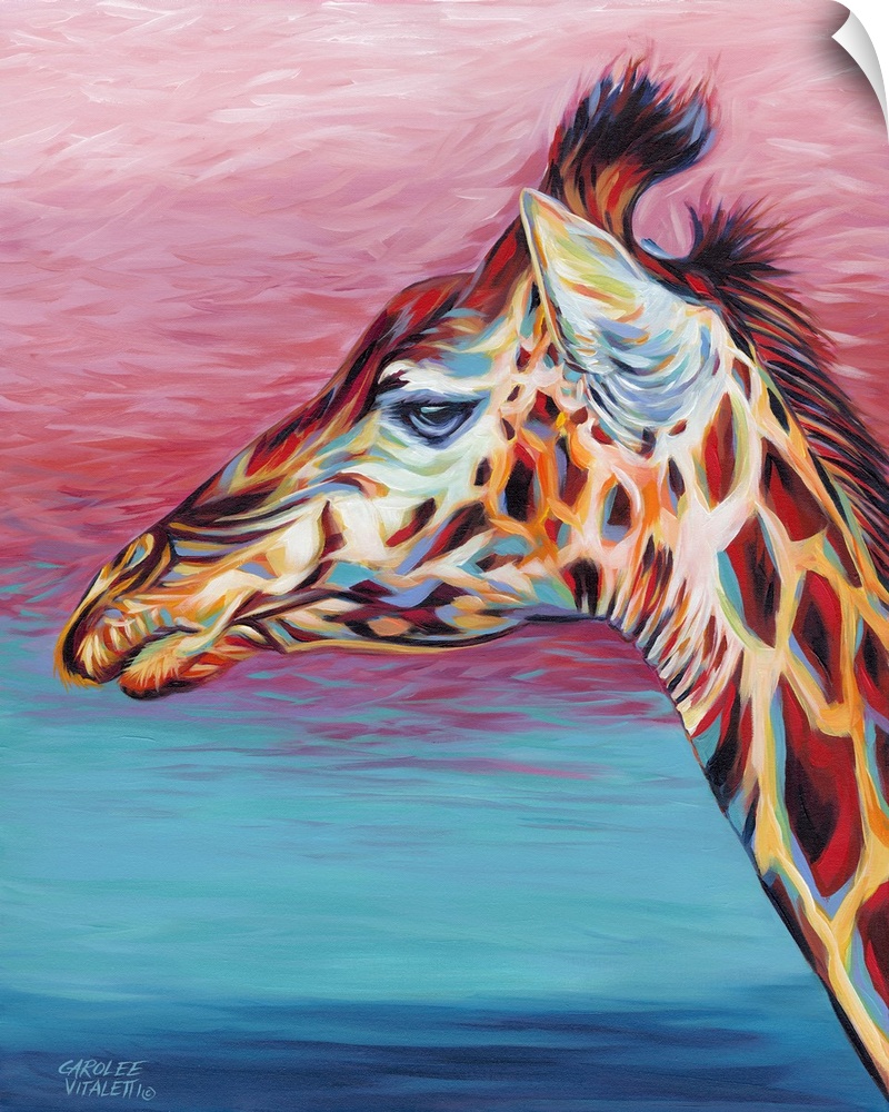 Contemporary painting of a giraffe using swirling paint strokes.