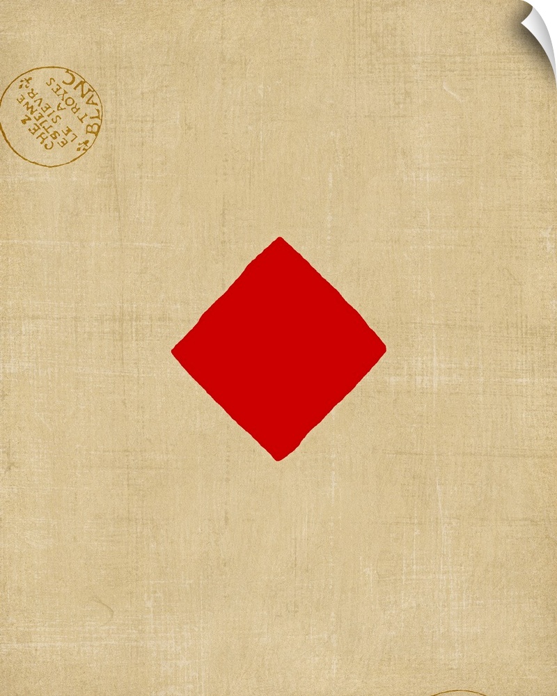 Contemporary artwork resembling a giant playing card with two stamp emblems.