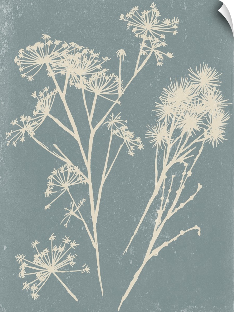 Beige silhouettes of wild flowers on a gray background with white speckles.