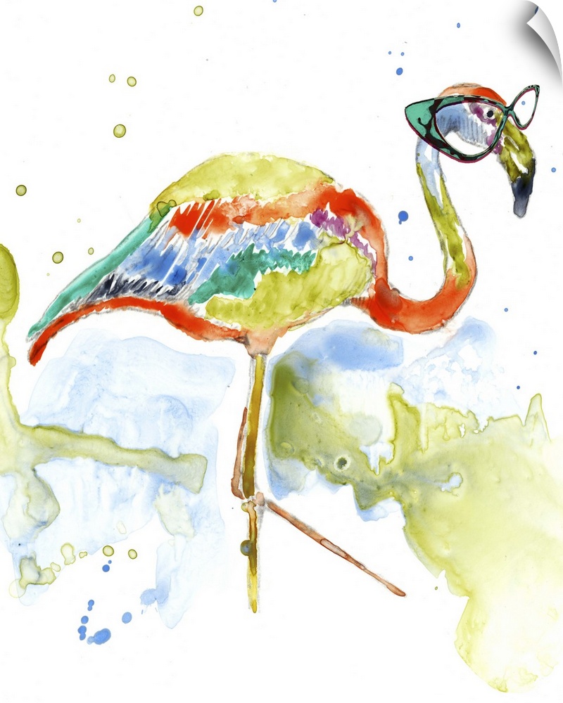 Colorful watercolor painting of a flamingo wearing teal rimmed glasses.