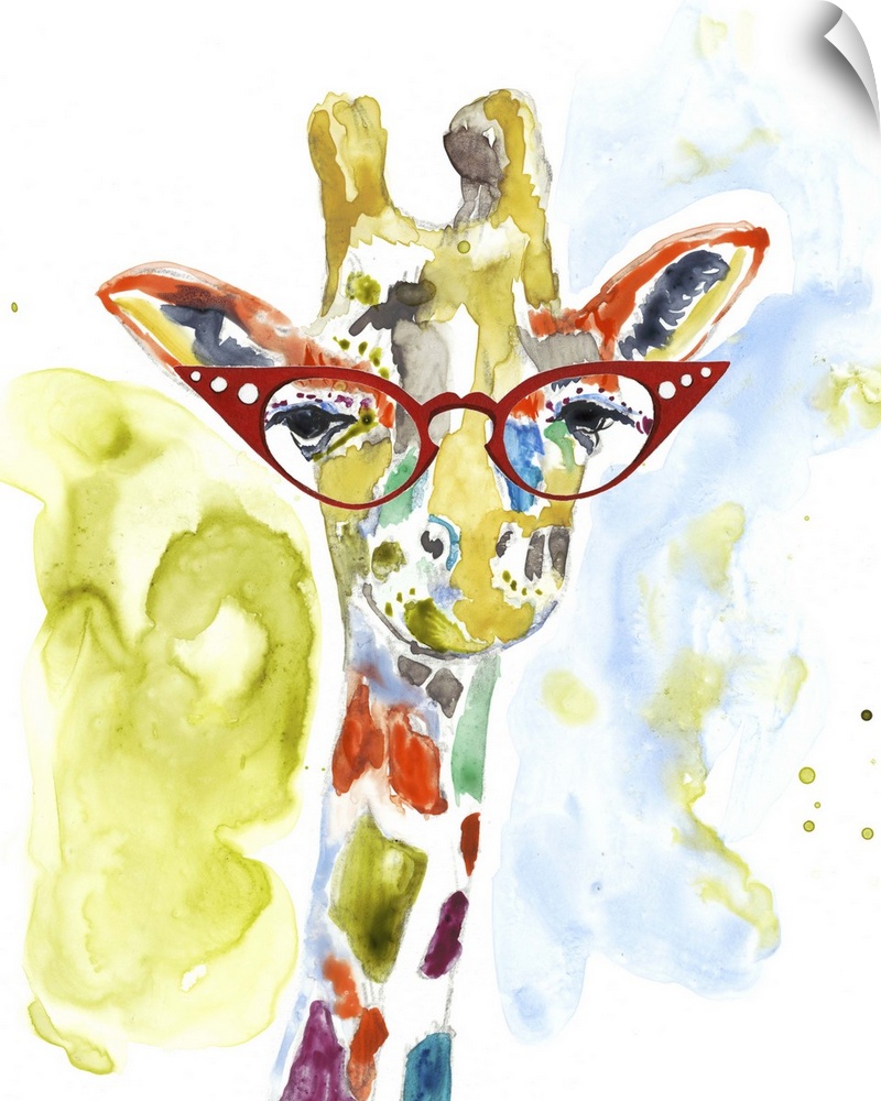 Colorful watercolor painting of a giraffe wearing bright red rimmed glasses.
