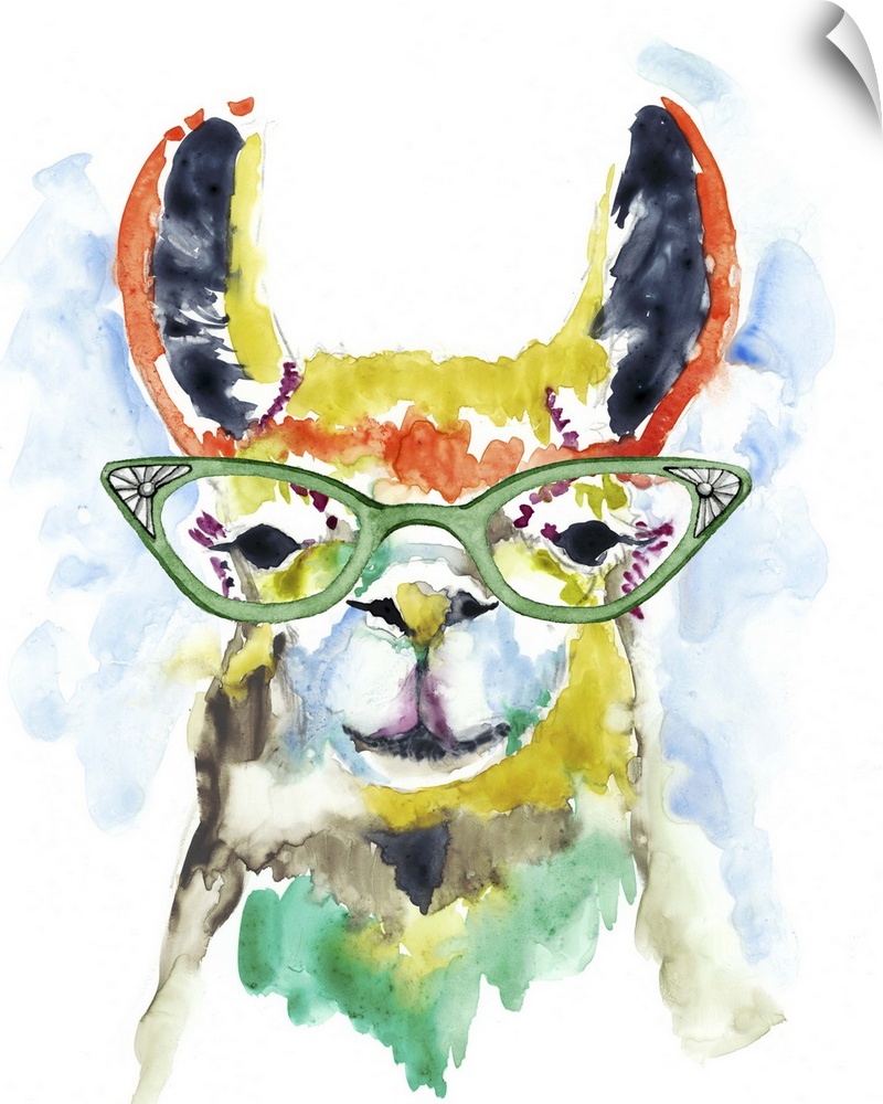 Colorful watercolor painting of a llama wearing green rimmed glasses.