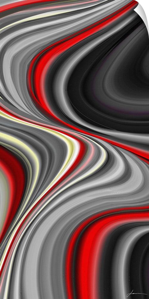Contemporary abstract artwork of wavy lines in neutral colors, with bright red streaks running through them.