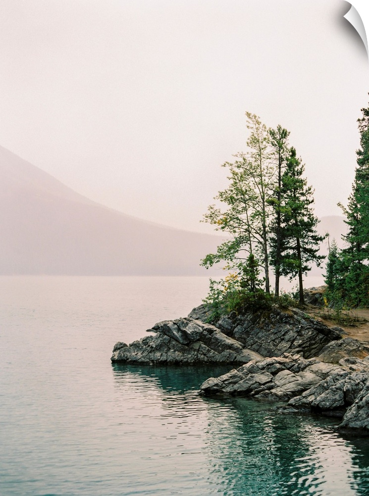 A serene photograph of small trees on the rocky edge of a calm lake with a hazy sky.