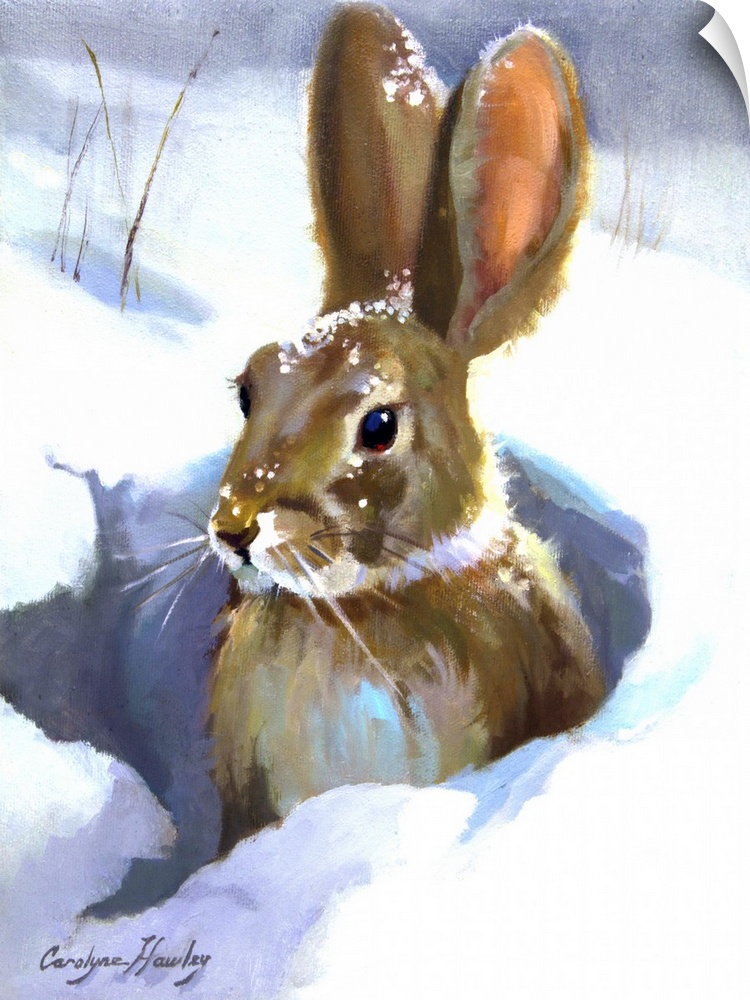 Contemporary painting of a rabbit in a small hole in the snow.