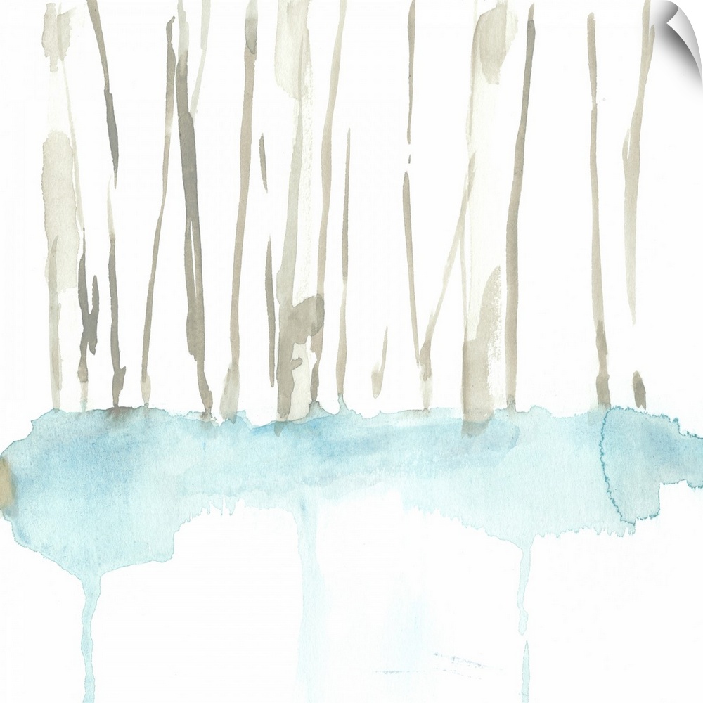 Square watercolor painting of abstract tree trunks in brown with snow against a white background.