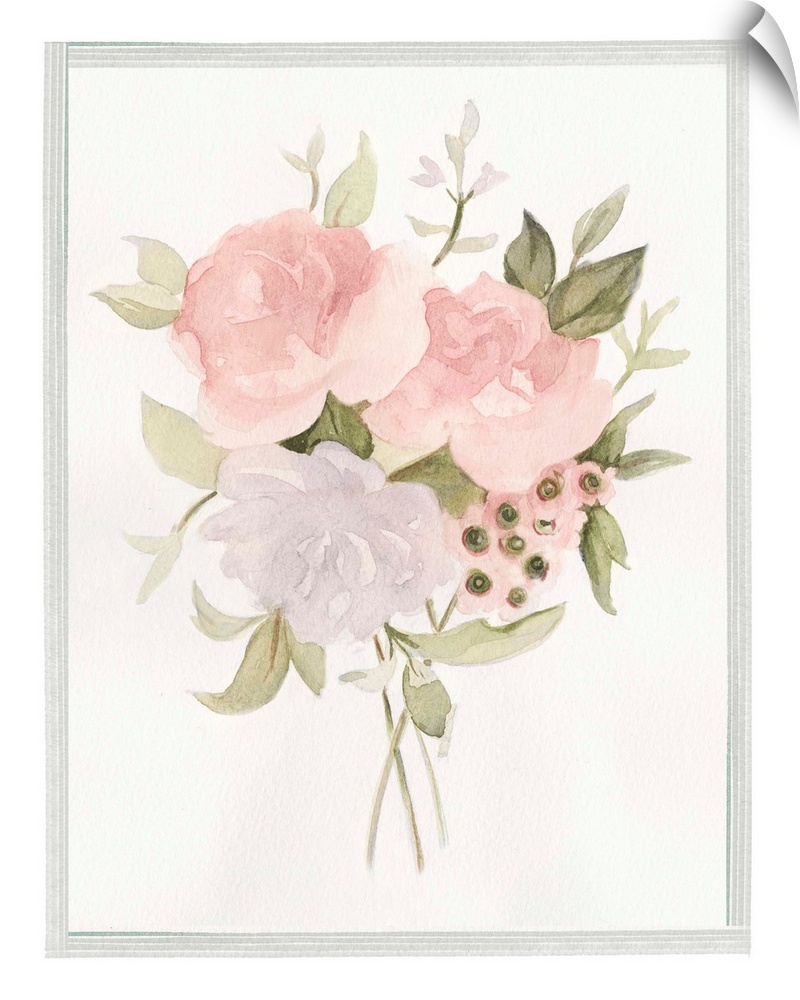 Traditional decorative artwork of roses in a bouquet on a white background bordered with thin gray lines.