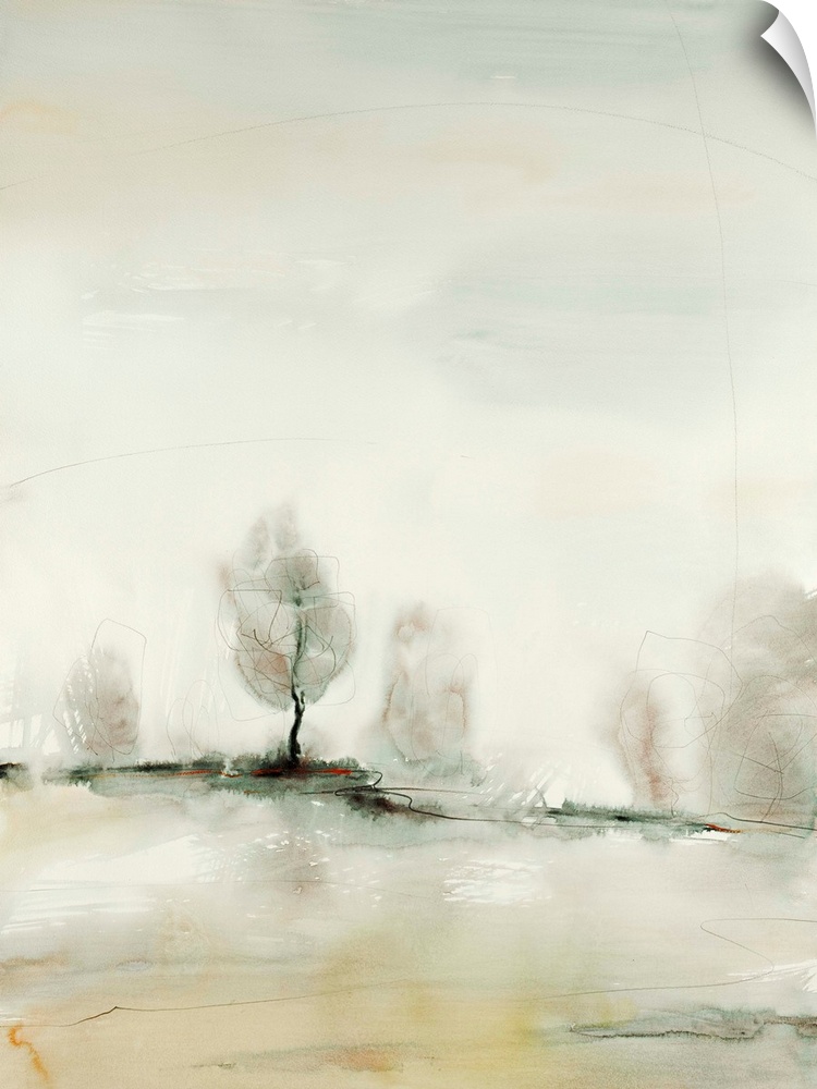 Contemporary landscape art print in neutral colors, with trees on the horizon line.