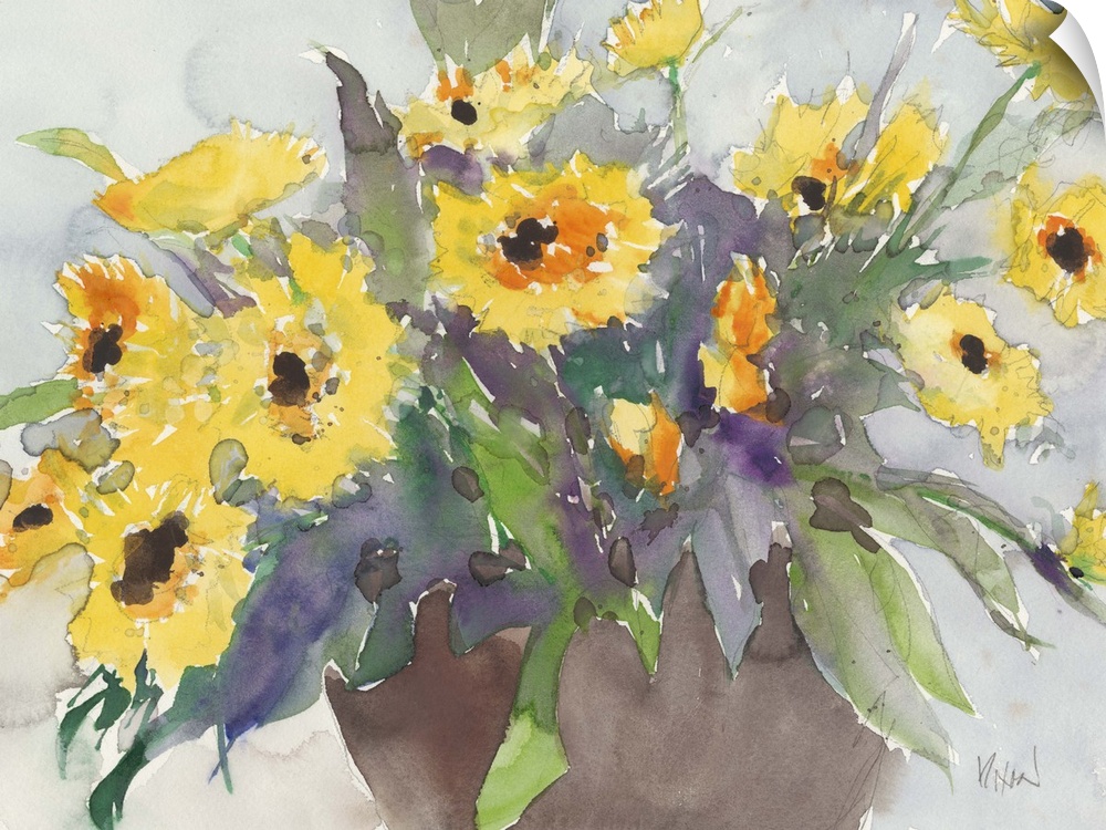 Watercolor painting of bright yellow daisies in a vase.