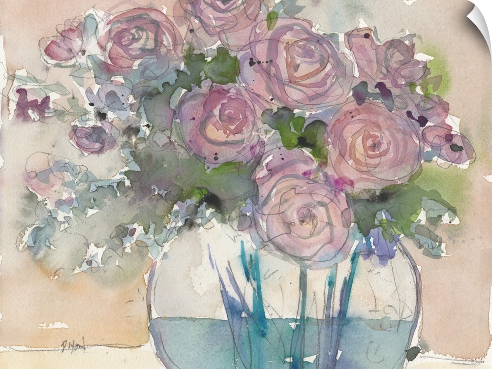 Watercolor painting of bright purple flowers in a glass vase.