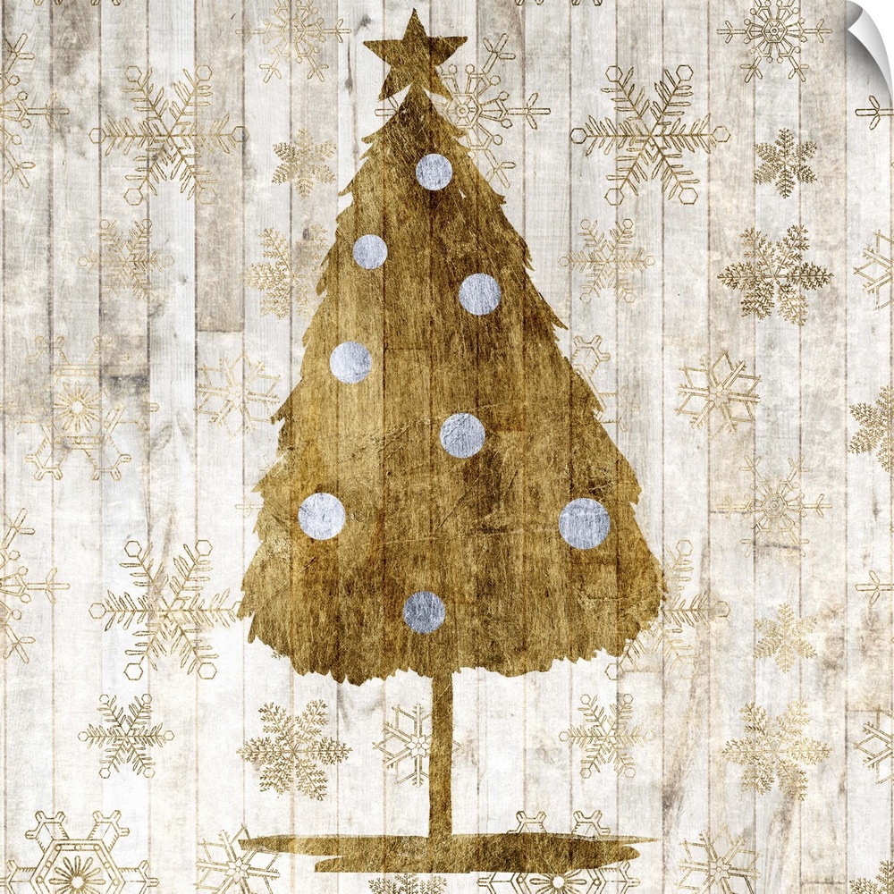 Contemporary Christmas decor of a tree in gold tones.