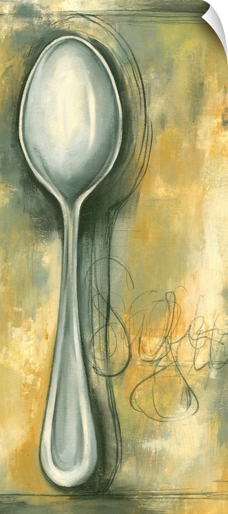 Tall painting of a spoon against an abstract background.