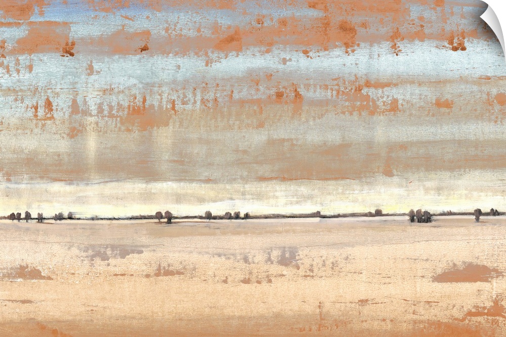 Abstract landscape of an open desert under a pale sky.