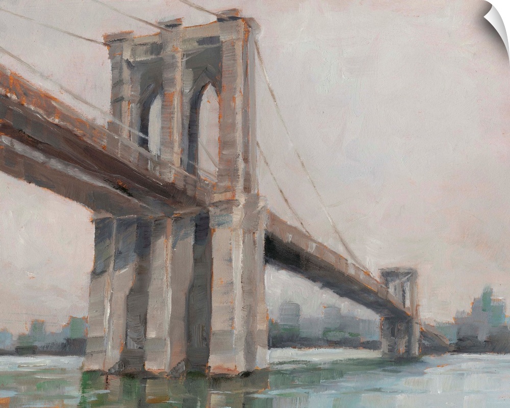 A picturesque painting of Brooklyn Bridge in New York, in subdue colors with the city in the background.