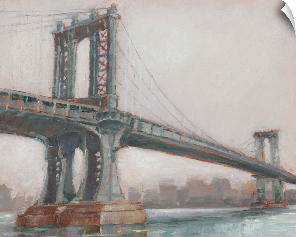 A picturesque painting of Manhattan Bridge in New York, in subdue colors with the city in the background.