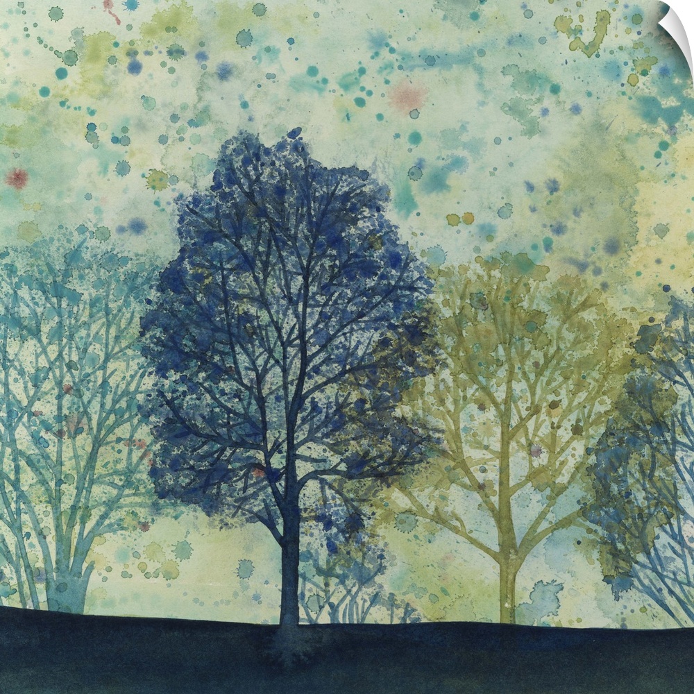 Watercolor painting of silhouetted trees in cool tones against a green and speckled sky.