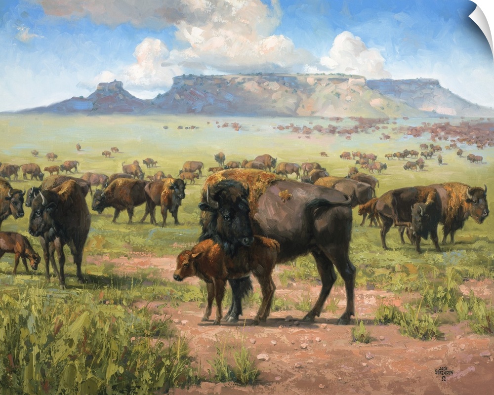 Contemporary artwork of lively brush strokes that create a serene western landscape filled with roaming buffaloes.