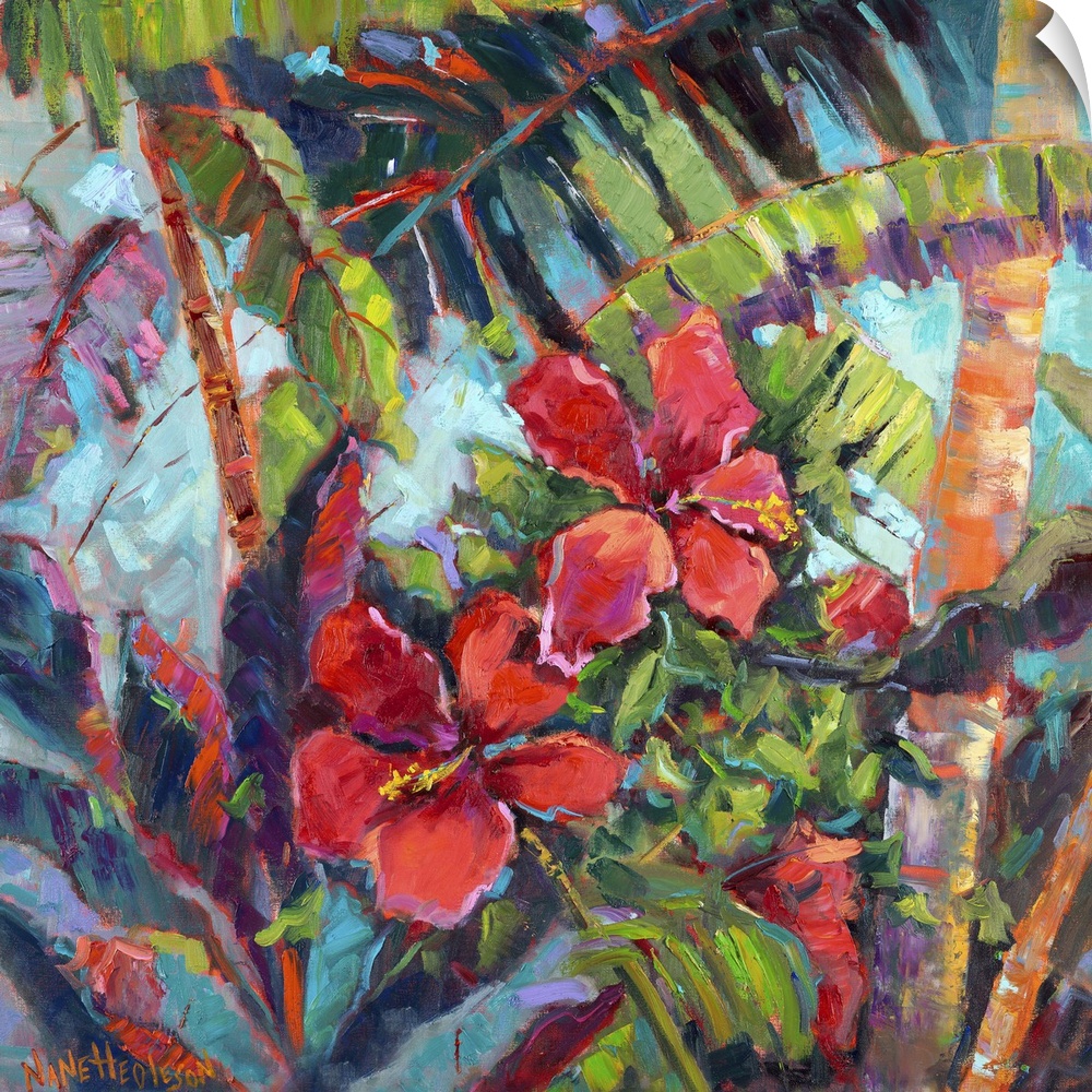 Contemporary artwork of tropical hibiscus flowers in a jungle.