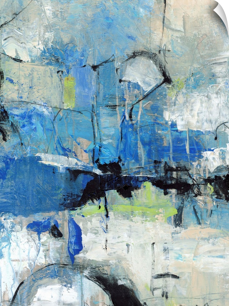 This abstract piece of artwork shows multiple techniques of painting with a cool color palate.