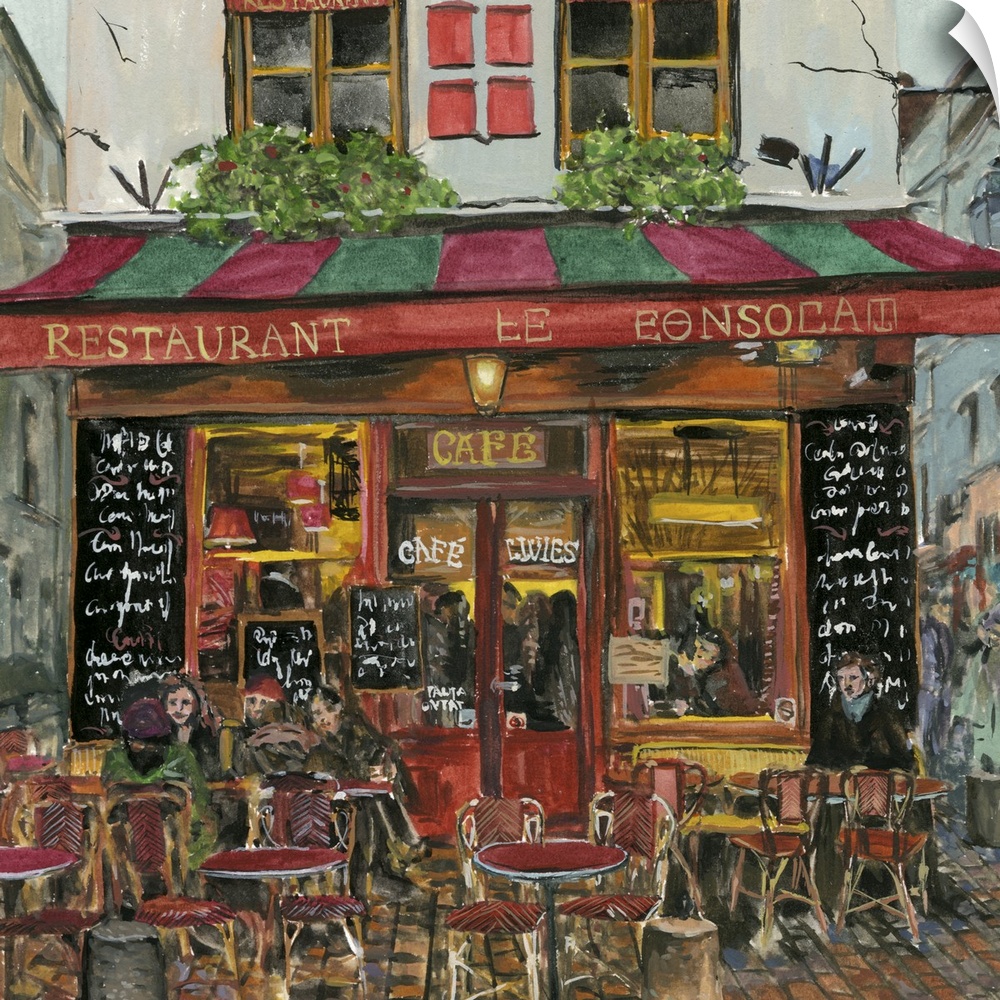 A square decorative image of people sitting outside a red and green cafe in France.