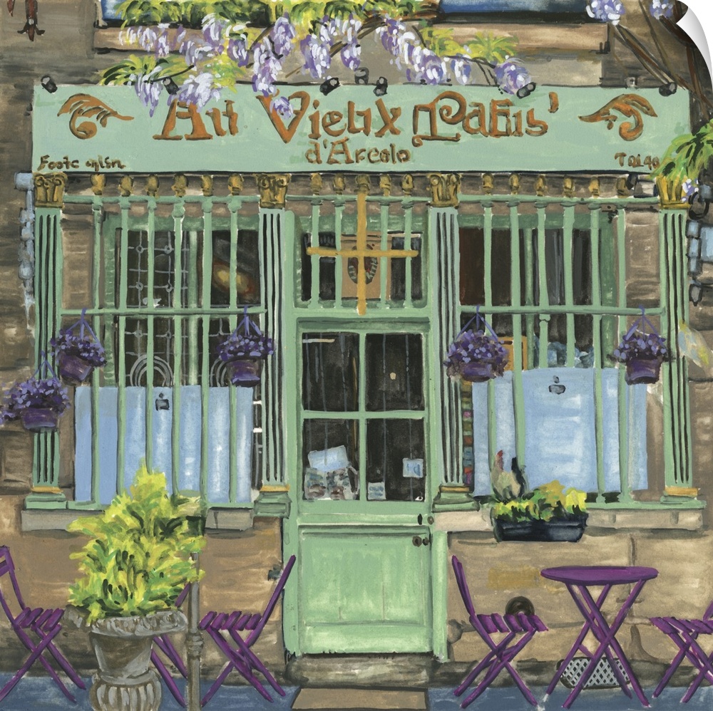 A square decorative image of tables and chairs outside a green and purple painted cafe in France.