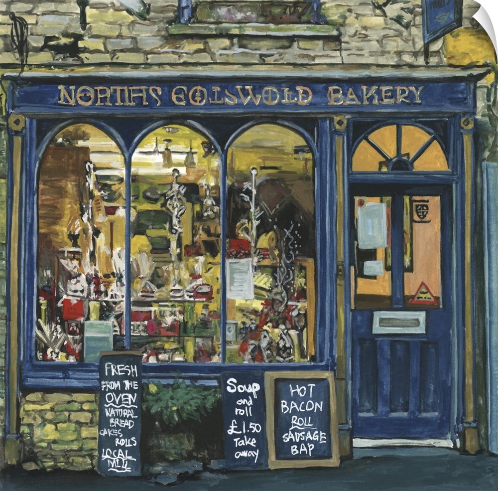 A square decorative image of menus outside a blue painted bakery in England.