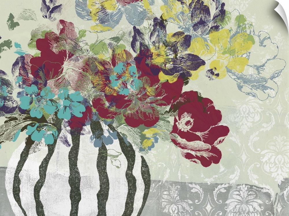 Contemporary artwork of a bouquet of flowers in a vase against a floral patterned background.