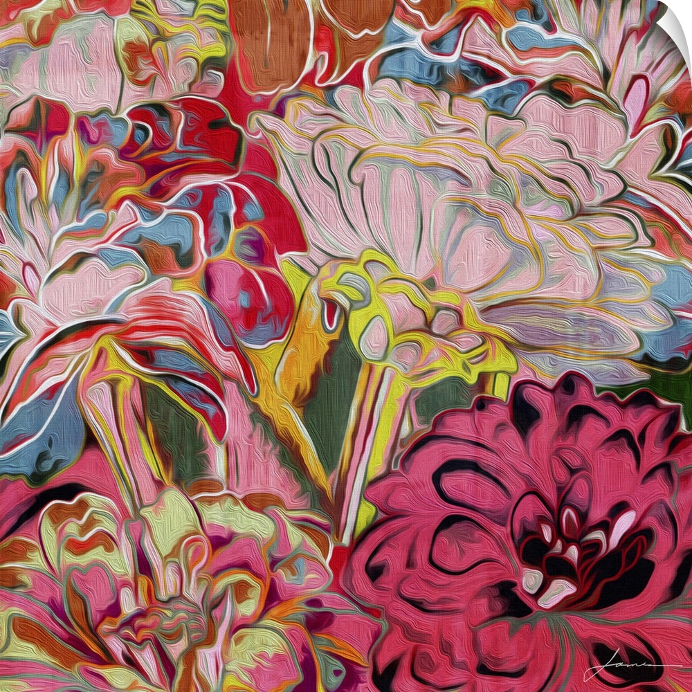 Brightly colored artwork of a group of blossoming flowers.