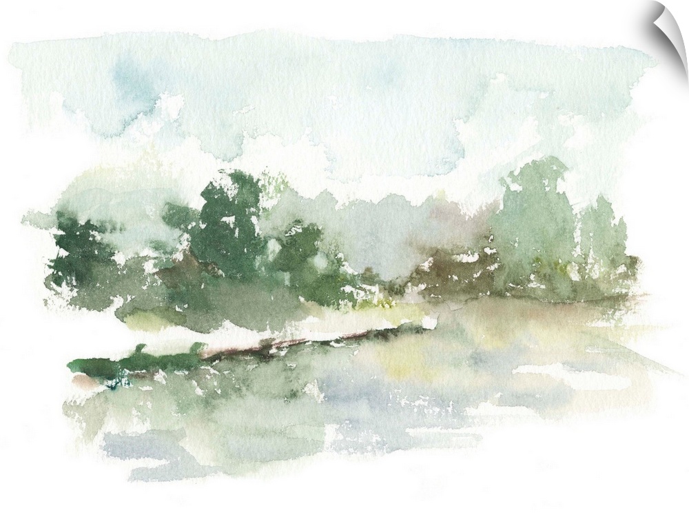 Watercolor abstract landscape in muted earth tones and blues.