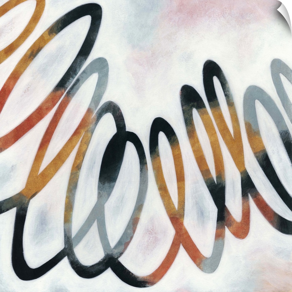 Contemporary abstract painting of a squiggly line in orange and black against a neutral background.