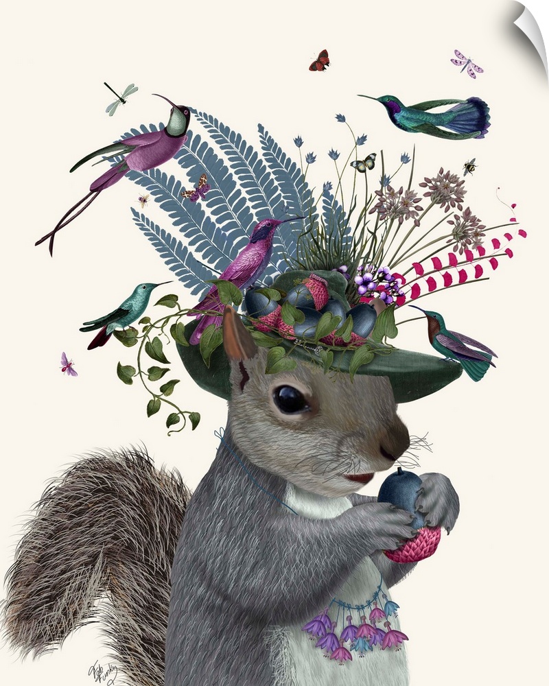 Digital illustration of a squirrel holding a nut, wearing a hat with flowers on it and colorful birds.