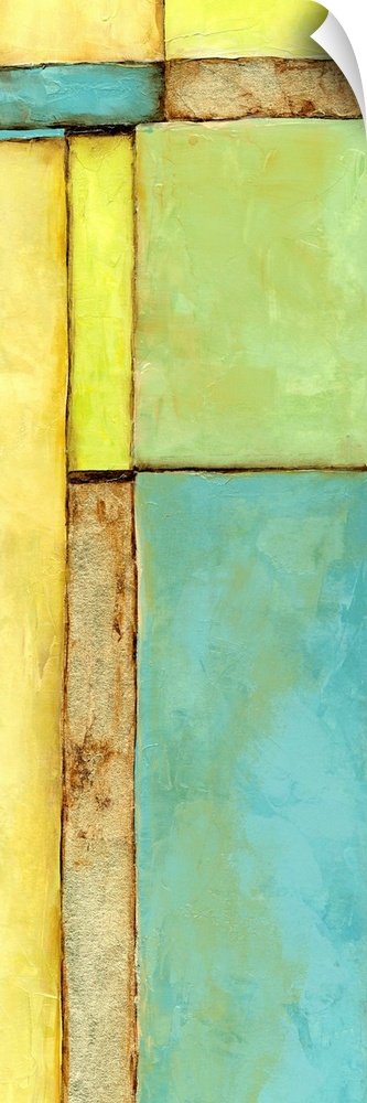 Contemporary abstract painting using geometric shapes in pale green and blue.