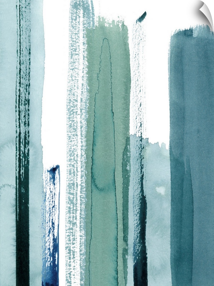 Contemporary abstract painting of watercolor brush strokes in various shades of blue.