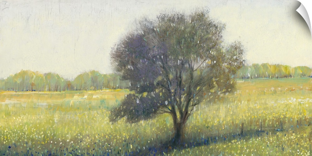 Contemporary landscape painting of a tree in an empty rural field.