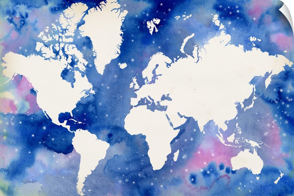 The sea in this world map resembles a starry night sky and is filled with watercolor droplets in blue and pink with white ...