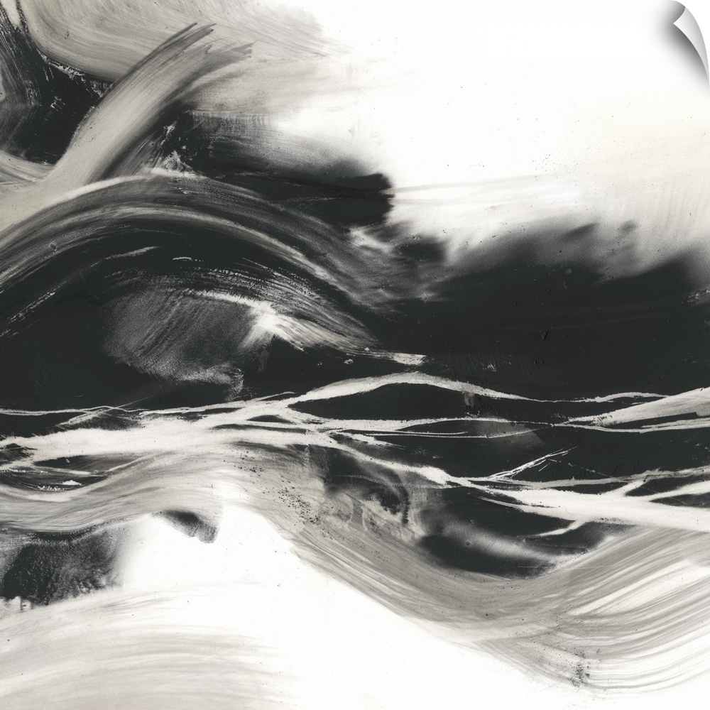 Sweeping horizontal black brush strokes fills this contemporary painting with stirring energy.