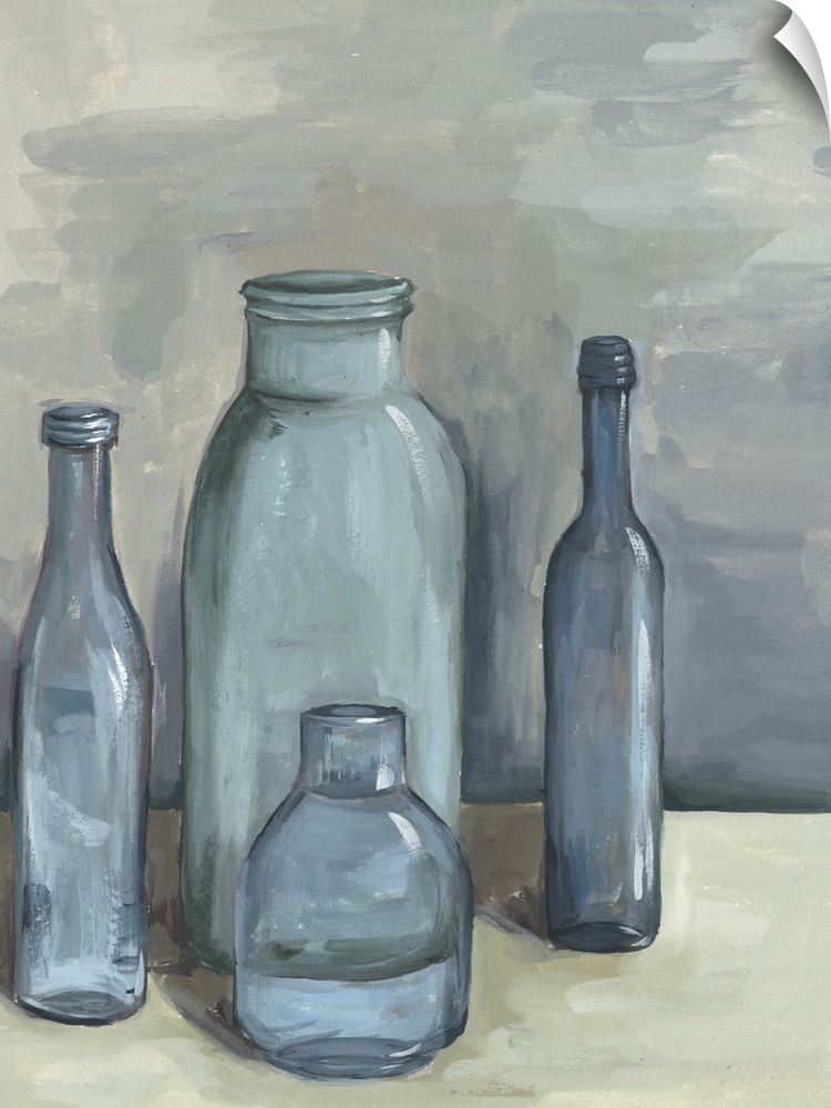 Contemporary still life painting of a group of glass bottles in different sizes against a neutral backdrop.
