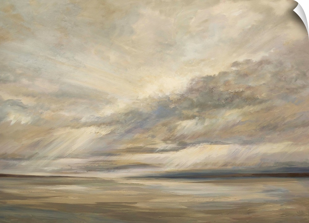 Landscape painting of storm clouds over the ocean, in earthy brown tones.