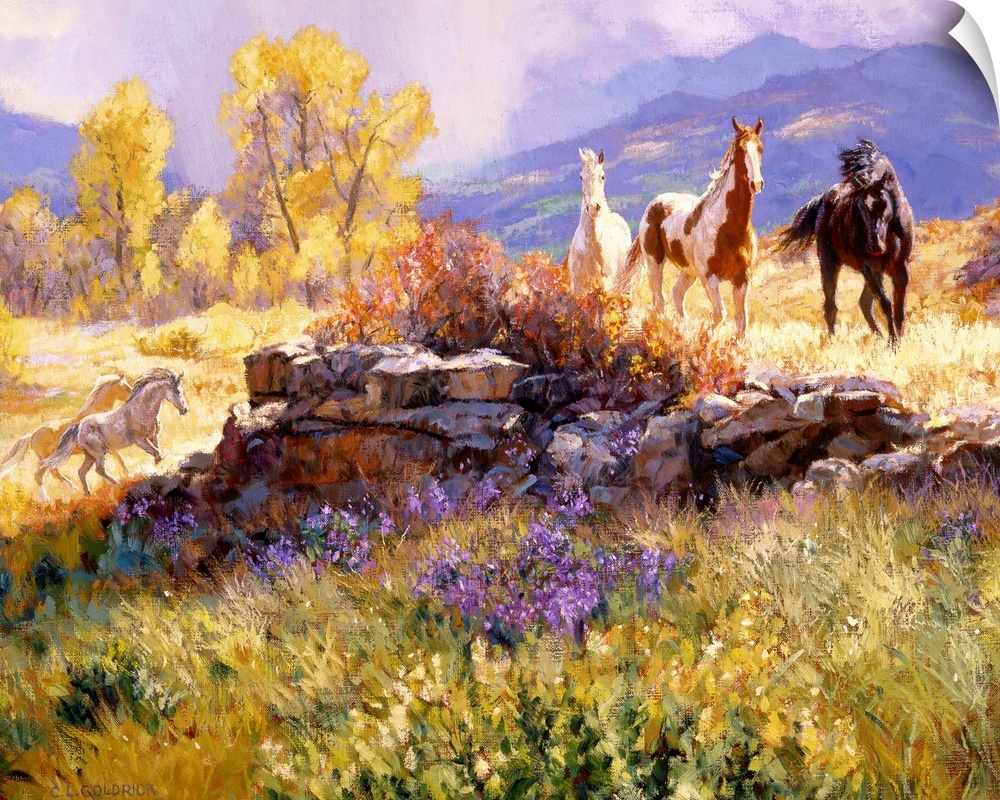 Contemporary colorful painting of a herd of horses standing in a rugged landscape, with a mountain range in the background.